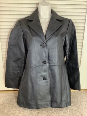 Woman’s WORTHINGTON Trench Coat BLACK LEATHER JACKET 90s Grunge MEDIUM Blazer